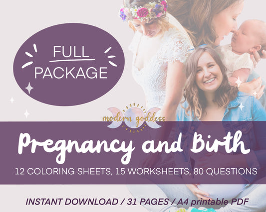 Pregnancy and Birth - Full package for Mothers - 12 coloring pages, 15 worksheets, 80 questions